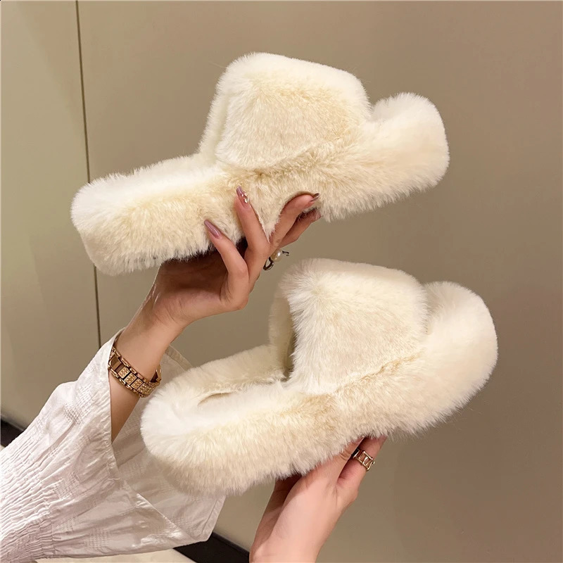 Fur Slippers Winter Platform Fluffy Slippers Furry Sabot Hairy Plush Women House Home Flat Cozy Fuzzy Indoor Shoes Casual 250226