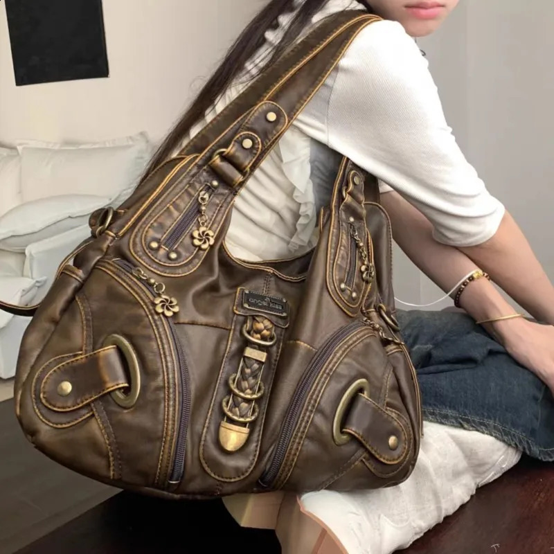 JIAERDI Retro Brown Y2k Handbag Womens Retro Subculture Leather Large Capacity Shoulder Bag Harajuku Womens Fashion Handbag 240902