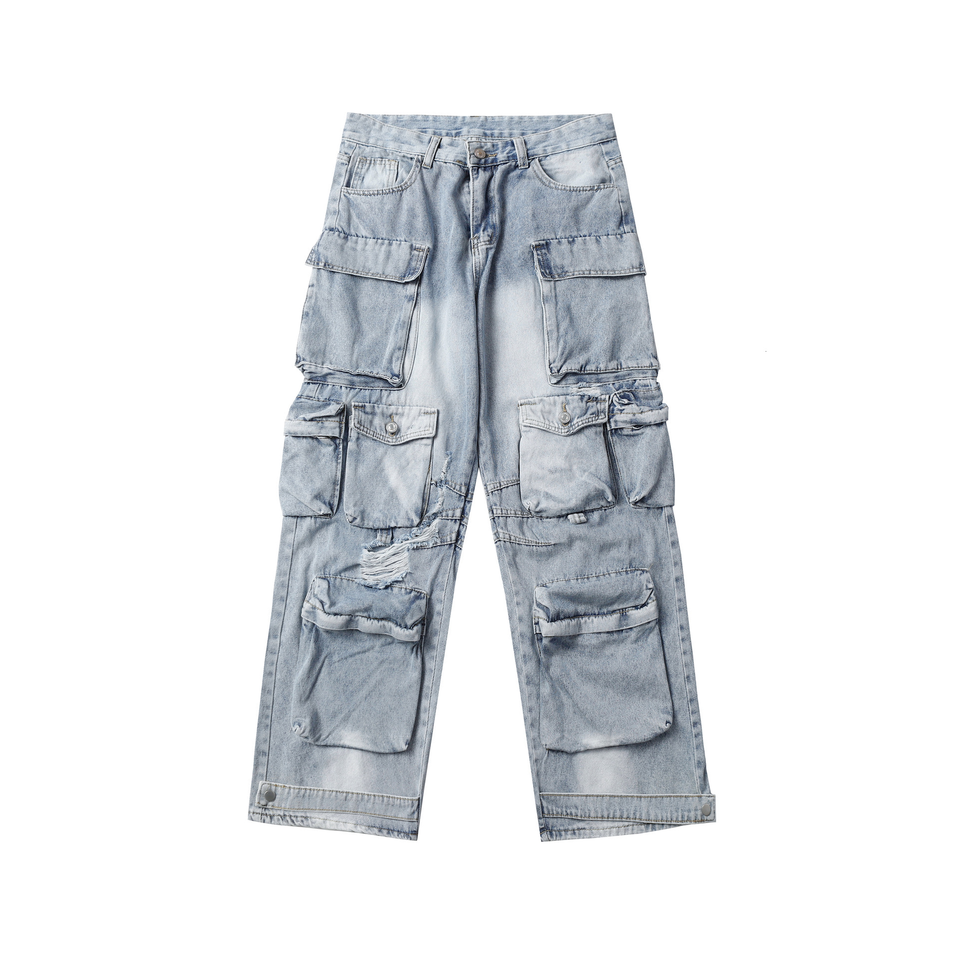 American Street Multi Pocket Punched Work Clothes Jeans Loose Wide Leg Heavy Duty Mens and Womens Pants