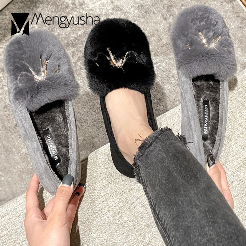 Woman Real rabbit fur c896e flats crysatl metal bow-knot furry moccasins warm plush ladies winter shoes big size 35-43 cotton loafers ry