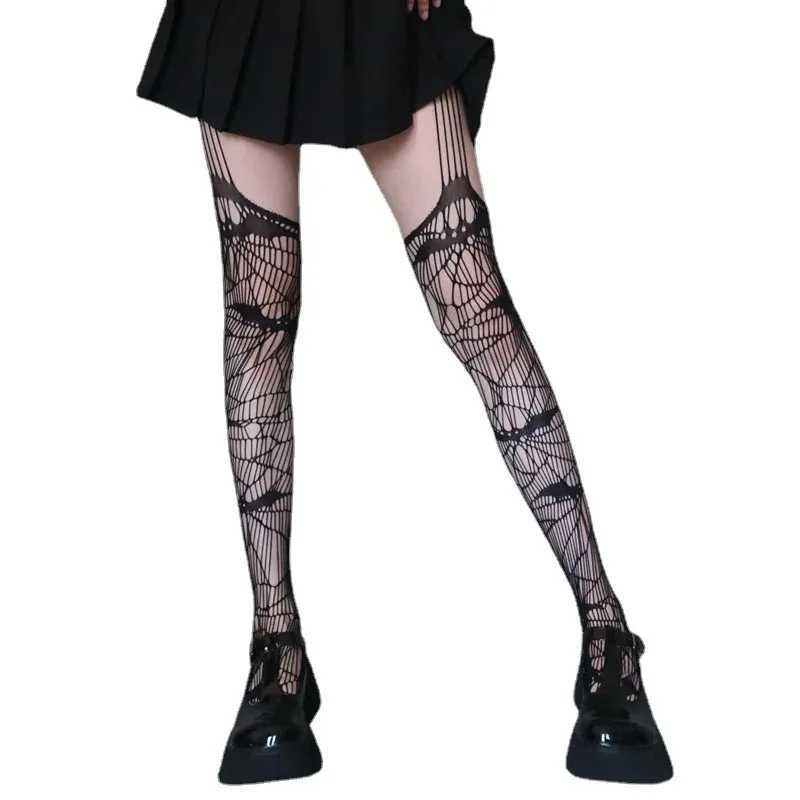 Hosiery Gothic Socks Bat Long Sexy Fishnet Stockings Women Harajuku Emo Alternative Mesh Bat Tights Lingerie Skin Thigh High Garters Hosiery Y240833