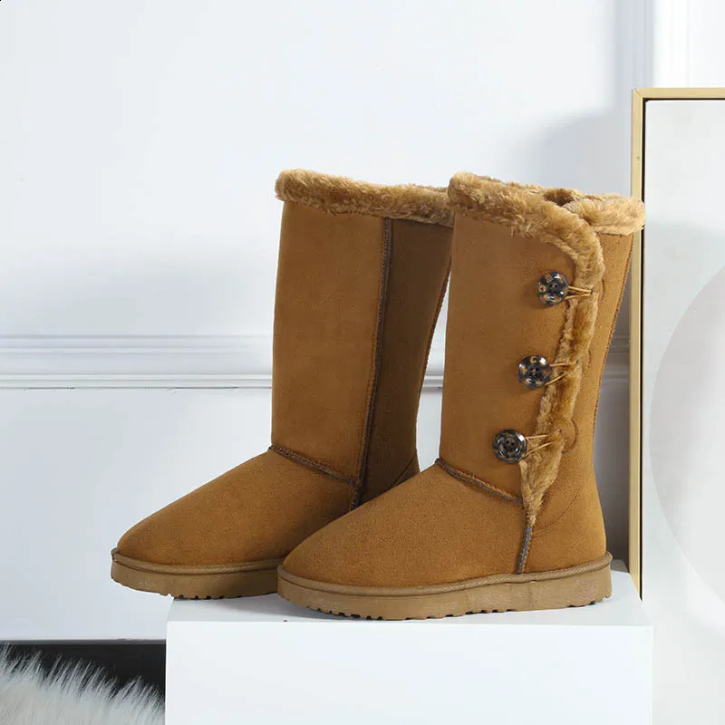 Winter Womens Flat Snow Button Plus Veet Keep Warm Mid Calf for Women Platform Shoes Causal Long Tube Boots 250304