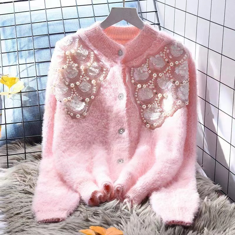 Womens O-Neck Mohair Wool Knitted Sweater Paillette Sequined Beading Rhie Patched Cardigan Real Fur Short Coat