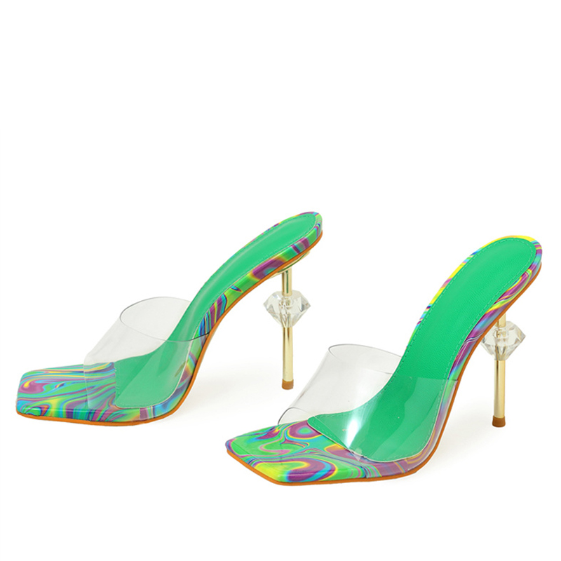 New Liyke Fashion Chic Strange High Heeled Slippers Ladies Color Square Toe Summer Sandals PVC New Transparent Shoes Women Sliders 83fc