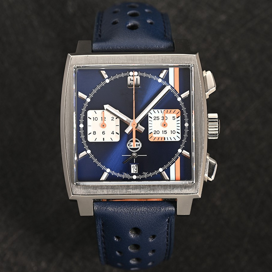 New Mens Quartz Chronograph Watch Stainless Steel Black Blue Leather Gulf Square CAW211R Sapphire Glass Watches