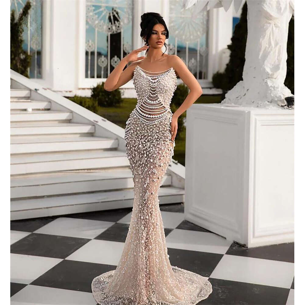 Strapless Full Delicate Pearls Beaded Evening Dress Mermaid Elegant See Through Formal Party Gown Custom Made Robe de soiree
