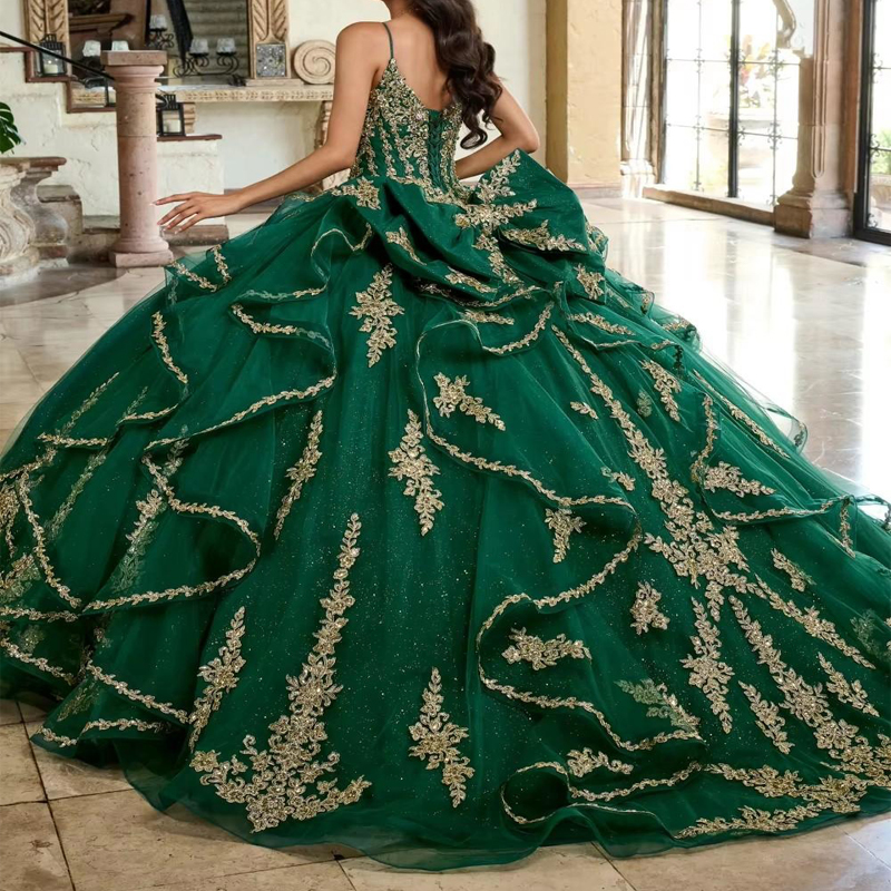 Glitter Green Quinceanera Dresses Ball Gown Gold Lace Applique Beading Tull Detachable Sleeve Sweet 16 Dress Vestido De 15 Anos