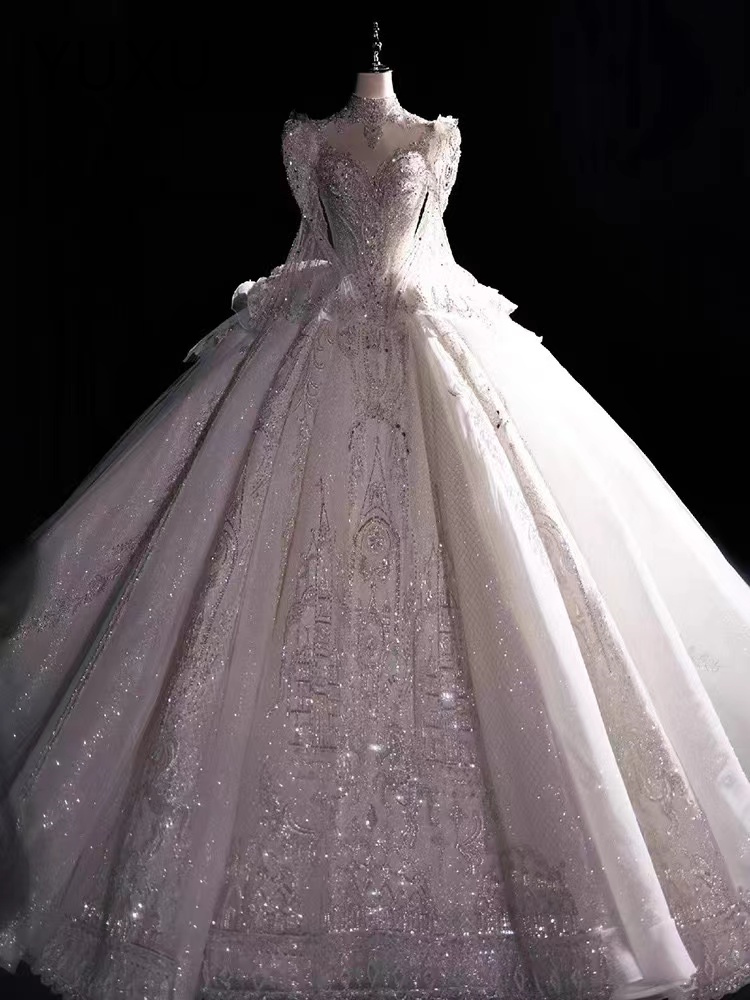 Arabic White long sleeves Wedding Dress Beaded Crystals Sequined Tiers Tulle Sexy Bridal Gowns Dresses Lace diamond Bridal plus size princess beach bo