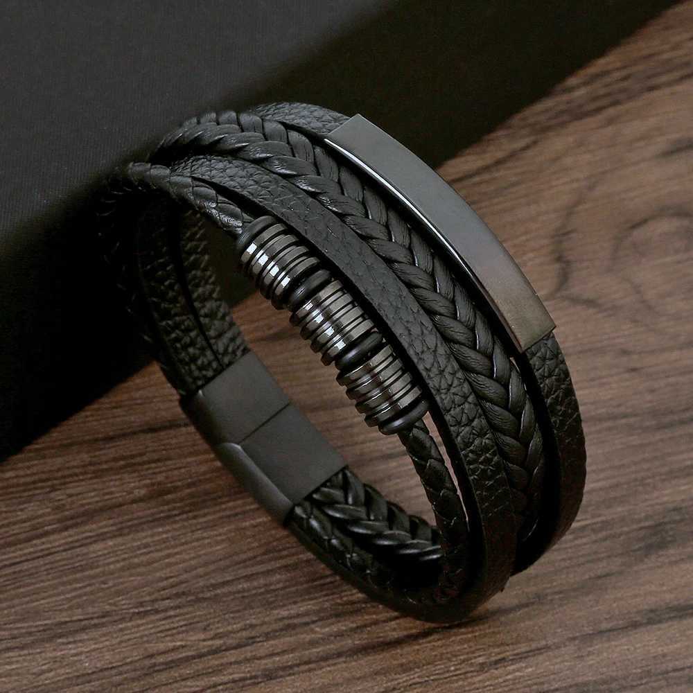 Punk metal decoration personalized bracelet mens frosted magnetic buckle multi-layer leather bracelet charm bracelet jewelry W240830