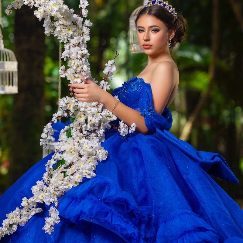 Royal Blue Shiny Quinceanera Dresses Off The Shoulder Lace Beads Tull Tiered Mexican Vestidos De 15 Princess Sweet 16 Birthday XV Ball Gown