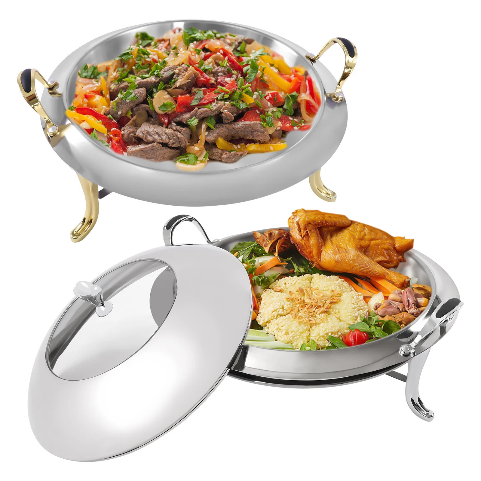 Silver Gold Chafing Dish Stainless Steel Round Durable Buffet Warmer Tray Durable Frame with Lid and Chafing Fuel Holder 240902