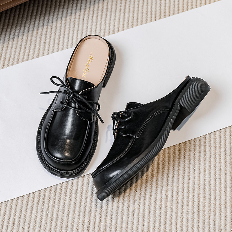 Closed 2023 Square Toe Mules Woman Thick Heels Slippers Lace-Up Boat Shoes Ladies Wide Fat Slides Travel Semi Trailer Sandals 722