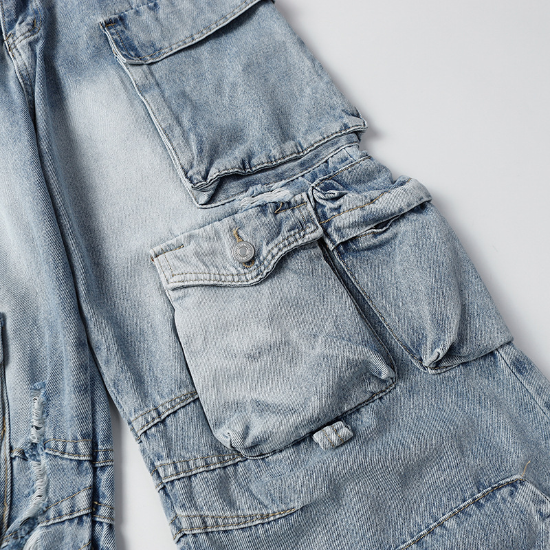 American Street Multi Pocket Punched Work Clothes Jeans Loose Wide Leg Heavy Duty Mens and Womens Pants