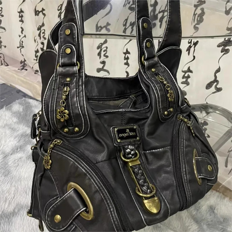 JIAERDI Retro Brown Y2k Handbag Womens Retro Subculture Leather Large Capacity Shoulder Bag Harajuku Womens Fashion Handbag 240902