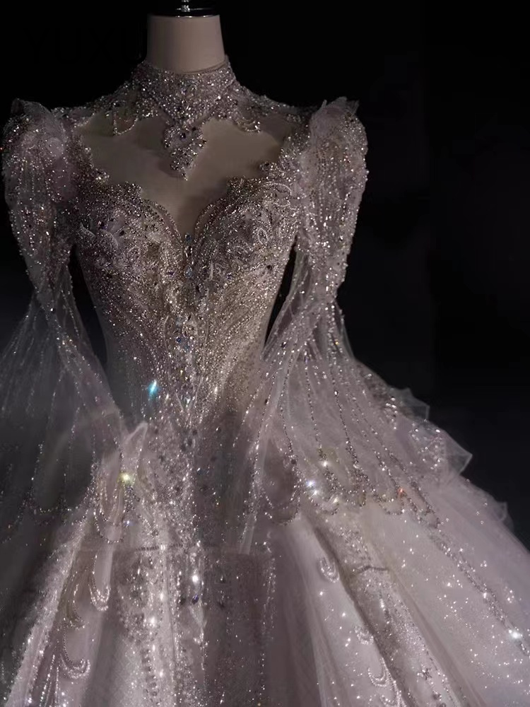 Arabic White long sleeves Wedding Dress Beaded Crystals Sequined Tiers Tulle Sexy Bridal Gowns Dresses Lace diamond Bridal plus size princess beach bo