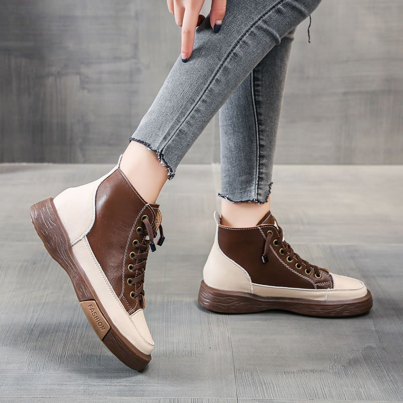 2025 new New Leather Boots for Women High Top Designer Shoes Flat Casual Sneakers Quality Platform Ankle Booties atos De Mujer af77 Platm