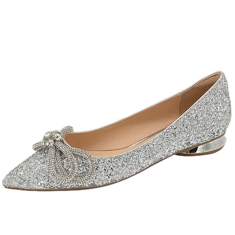0e265 crystal woman bg bowtie flats 34-42 big size glitter wedding shoes female pointed toe ballerine femme moccasins