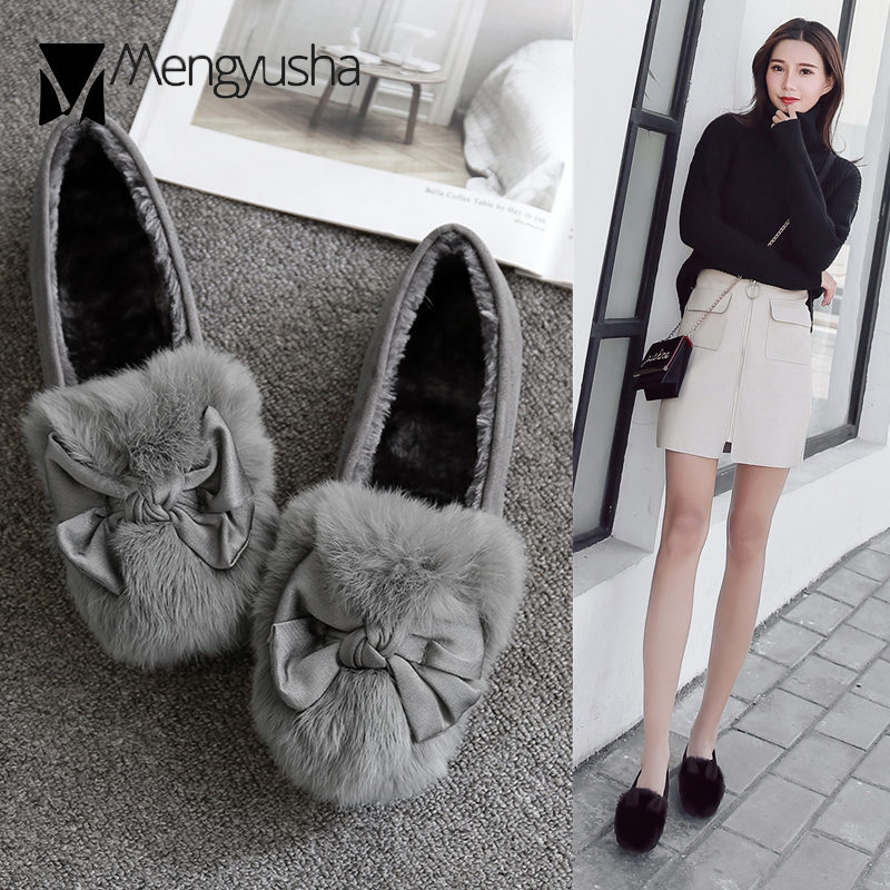 rabbit Butterfly-Knot eb11d flats fur woman winter fleeces moccasins antiskid pregnant shoes women soft bottom cotton loafers female