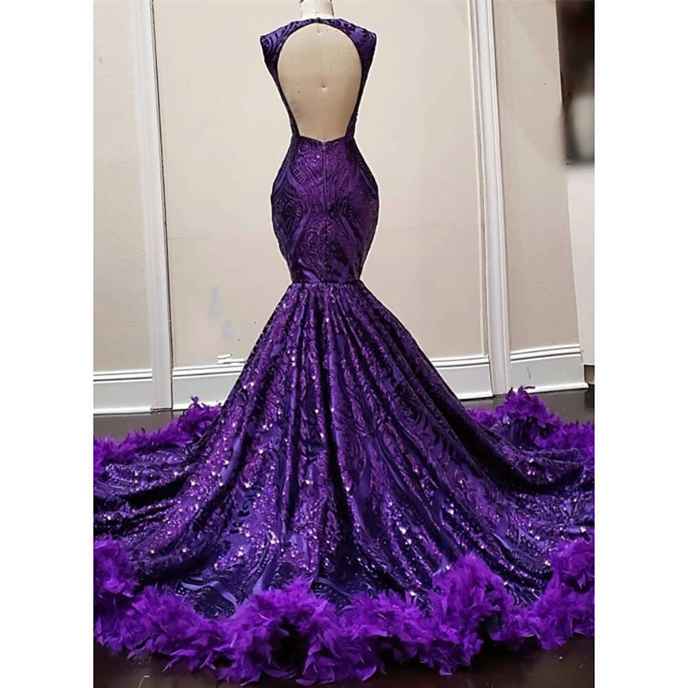 2023 Exquisite Purple Feathers Mermaid Prom Dress For Black Girl Sequin Birthday Women Party Dresses Robes Evening Gowns