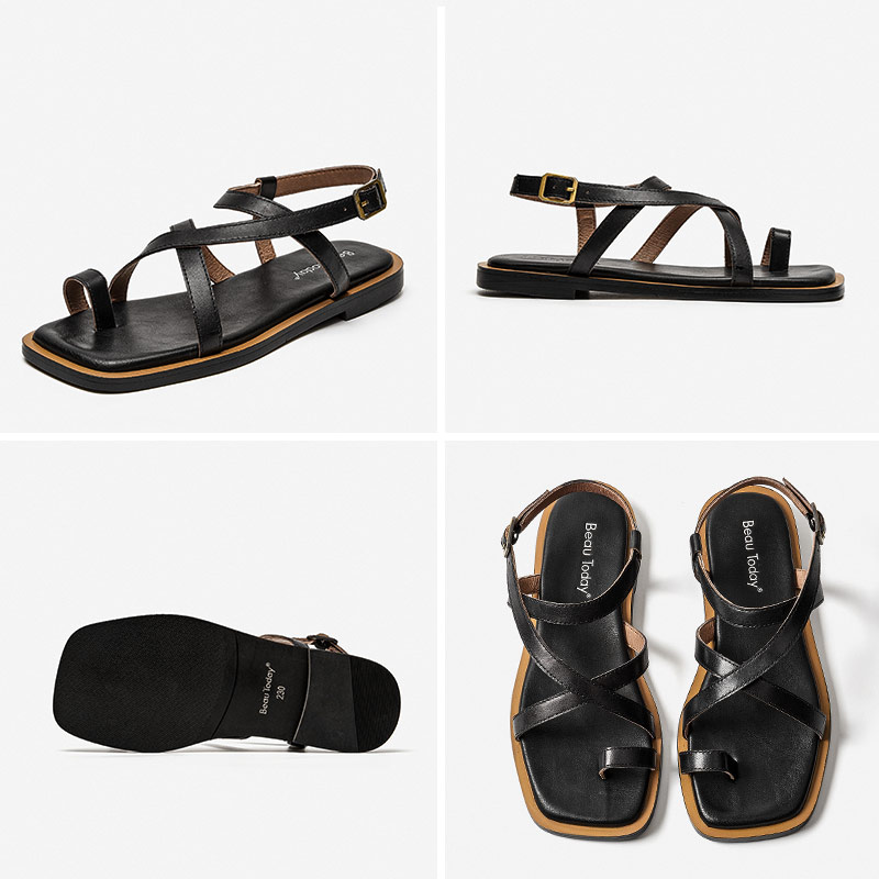 Gladiator BeauToday Sandals Women Cow Leather Vintage Ankle Cross Strap Square Toe Thumb Summer Ladies Flat Shoes Handmade 32361 9d09