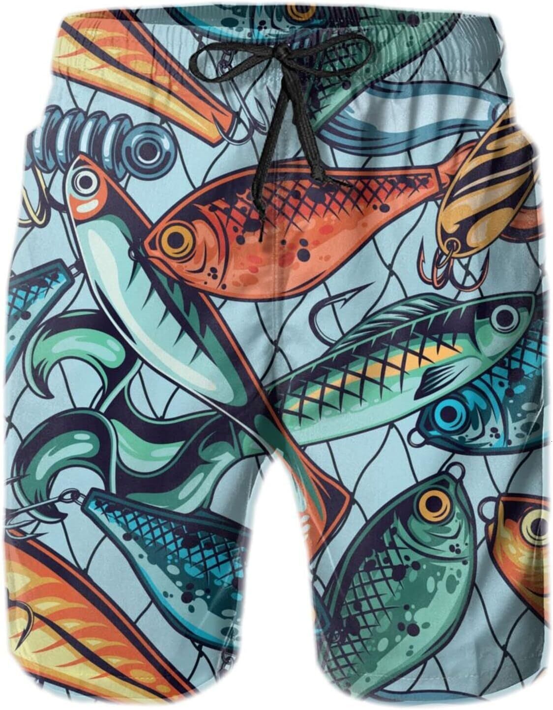 Mens Shorts 3D Printed Pattern Cartoon Fishing Lure Swim Trunks Quick Dry Fashion Beach Board Swimwear