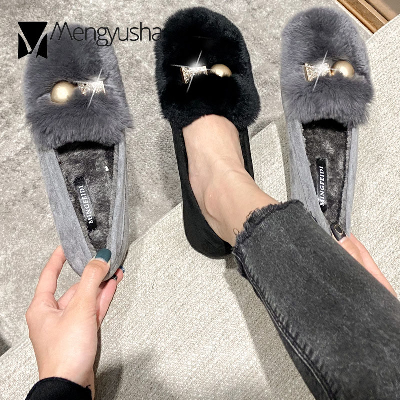 flats 78332 Rabbit woman fur crysatl metal ball plush loafers winter cotton shoes women fleeces furry moccasins plus size 40-43 ry