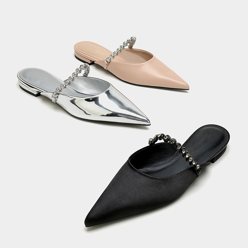 new designer pointed toe mirror silver leather slippers women crystal band summer shoes outdoor slides low heel mules sandalias
