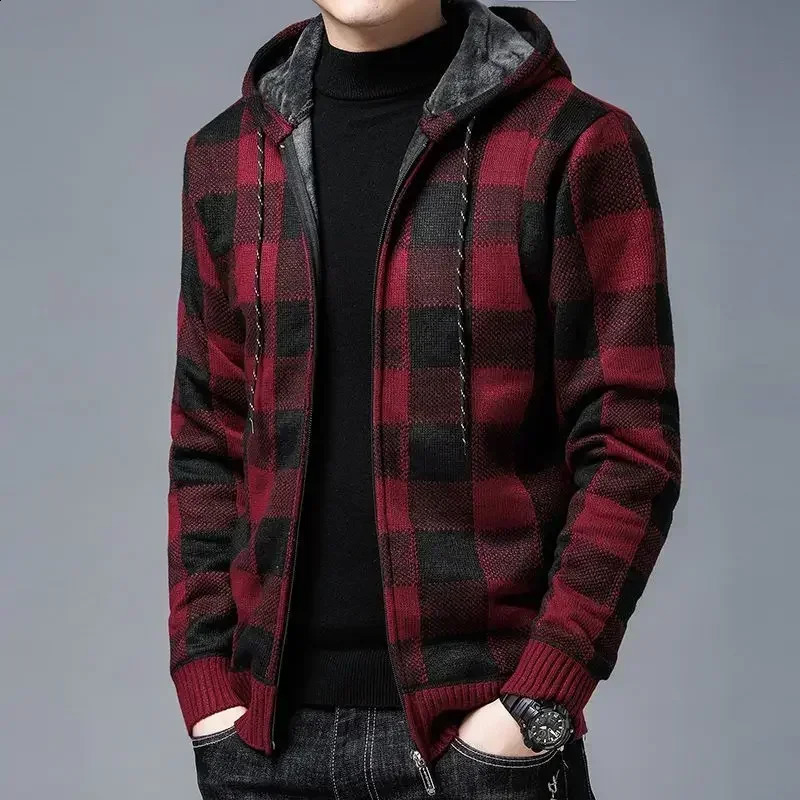 Knit Sweater Male Zipper Plaid Mens Clothing Cardigan Hoodies Zip-up Thick Winter Red Tops Jumpers Casual Stylish A 240902