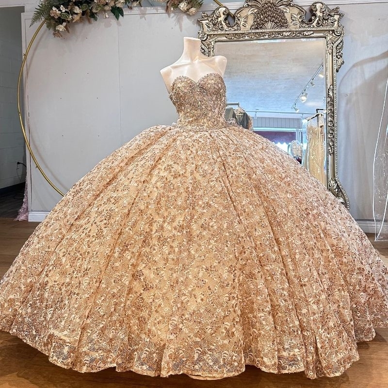 Rose Gold Shiny Quinceanera Dresses Ball Gown Off Shoulder Sequin Lace Applique Beading Birthday Party Princess Sweet 16 Dress
