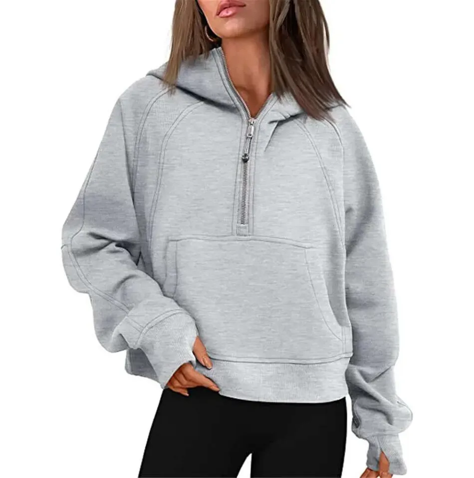Yoga Outfits Scuba Hoodie Half Zip Women's Autumn Winter Sports Sweater Loose Gym Jacket Fitness Short Plush Coat Sweatshirt