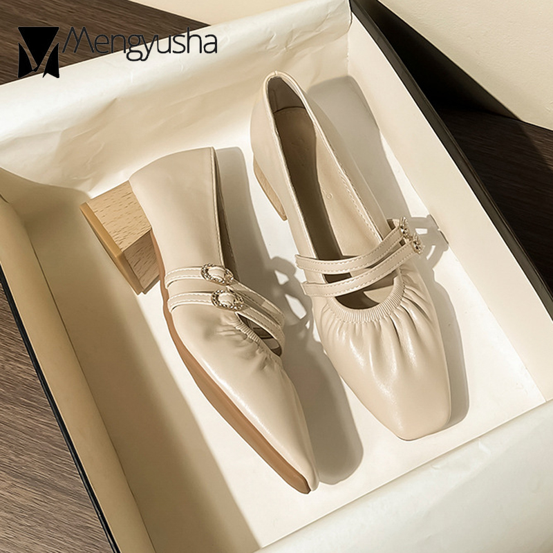 2025 new Woman High 3.5 Heels 61181 Crystal Buckle Strap Shoes Pleated Leather Loafers Femme Wood Heeled Tacones Dress Trendy Pumps Mary Jeans