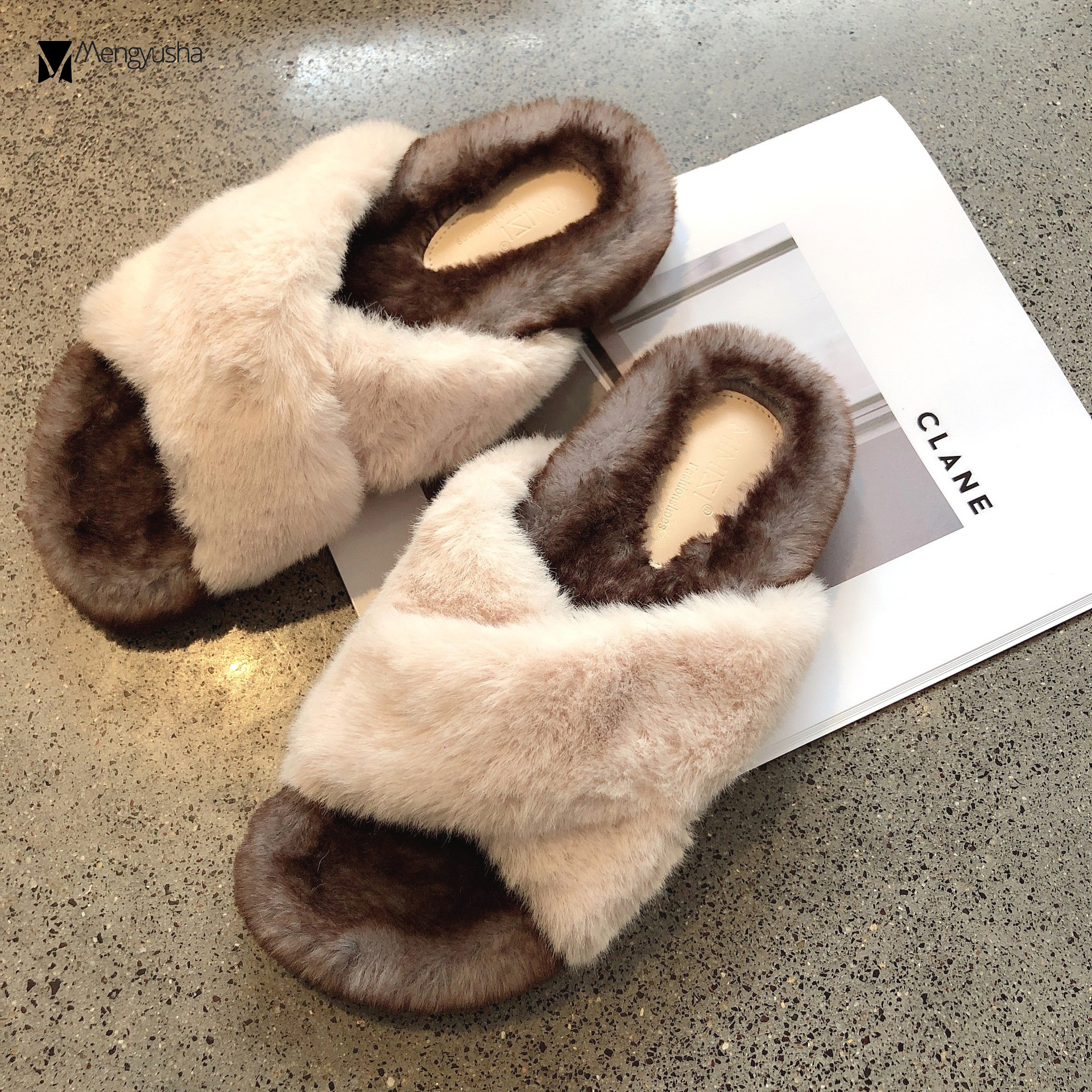 Cross Celebrity Band Fur Slippers Quality Women New Winter Shoes Warm Plush Pantuflas Thicken Soled Mixed Colors Fleeces Slides Mujer