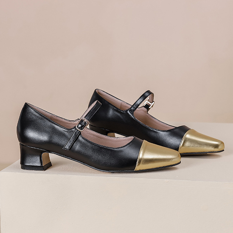 mary 45559 2023 black/gold patchwork janes woman med-high heel belt buckle pumps office ladies dress tacones mujer wedding shoe