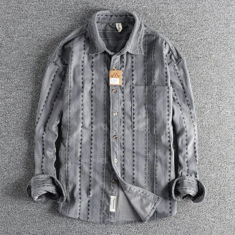 Spring Autumn Fashion Turn-down Collar Long Sleeve Printing Blouse Mens Clothing Vintage Button Loose Korean Trend Shirts 240902 - view 4