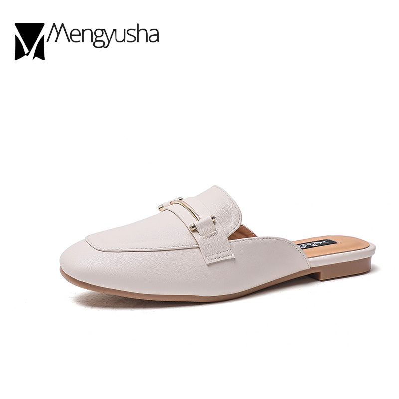 2023 square brand toe shoes woman metal decoration mules cozy flat heels sandals slip on pantufa slides women leather flip ps