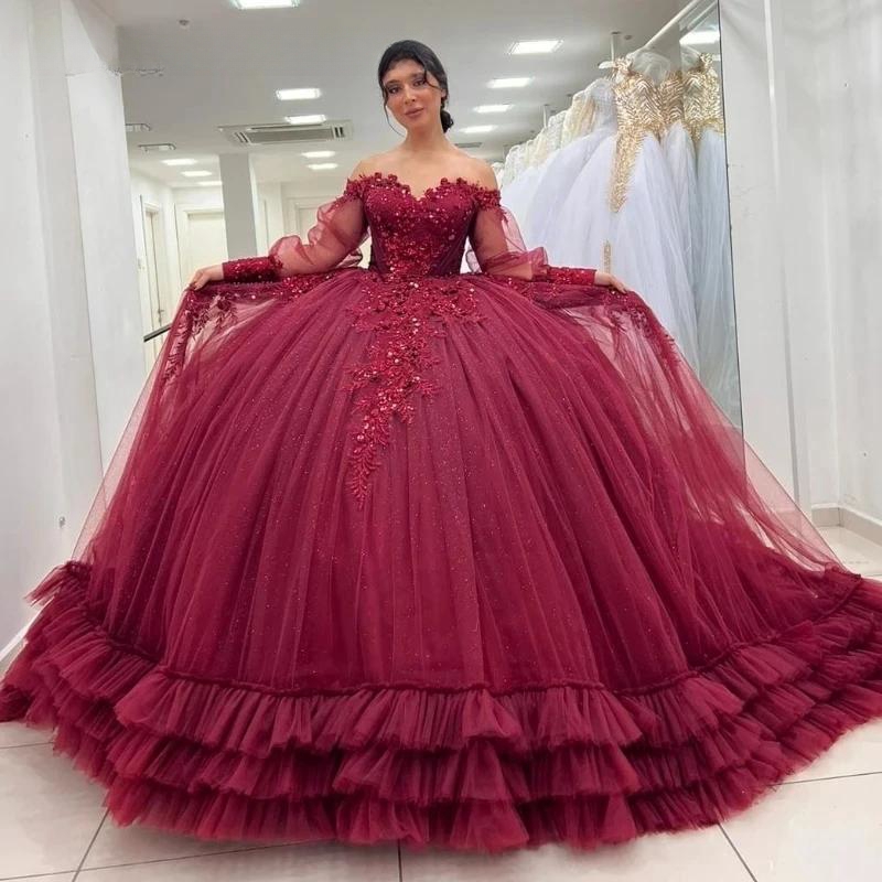 2024 Bury Quinceanera Dress Ball Gown Off The Shoulder Lace Applique Beading Tull Long Seeve Tiered Sweet 16 Vestido De 15 Anos