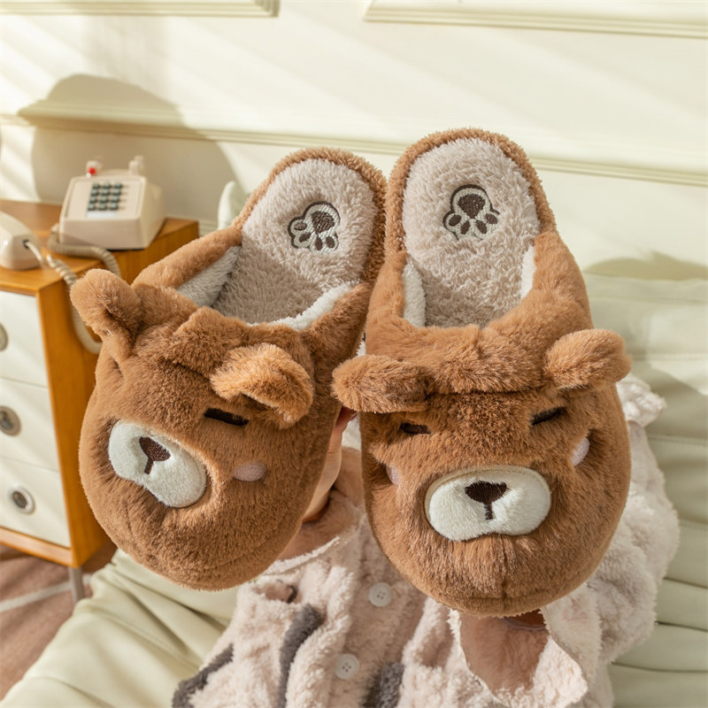 Slippers Cotton Women Men Winter Home Shoes Thick Bottom Non-slip Couples Household Slides Cute Cartoon Bear Warm Plush Slipper