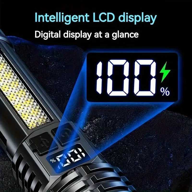 High power charging LED flashlight is very sturdy. LED flashlight with side lights used for outdoor camping and hiking W240902
