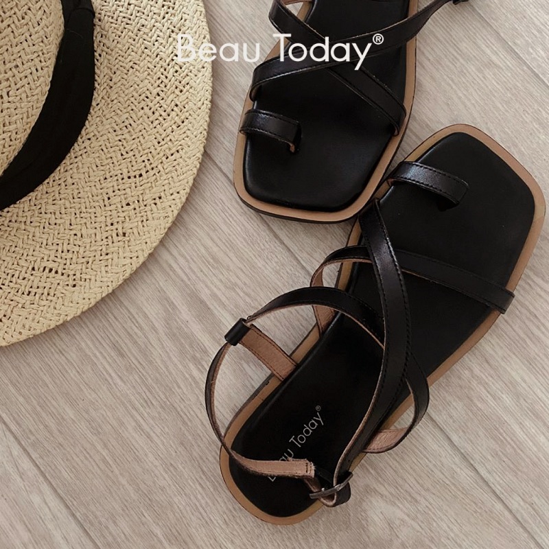Gladiator BeauToday Sandals Women Cow Leather Vintage Ankle Cross Strap Square Toe Thumb Summer Ladies Flat Shoes Handmade 32361 9d09