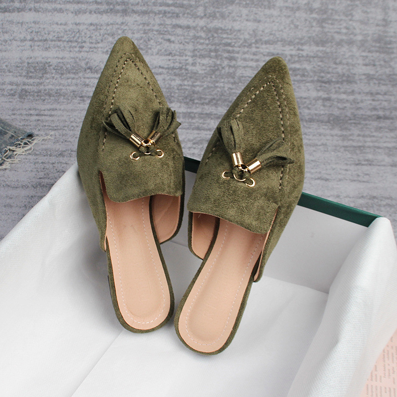 Toe Pointed Fringe slippers flat heel suede leather slides 36-43 plus size tassel sandals women semi-traig shoes 93f