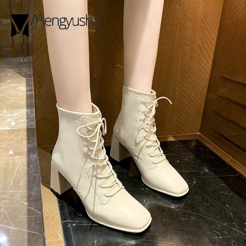 Japanned leather Shiny riding boots women winter shoes thick high heels short botines mujer square toe lace up knight botas 9085