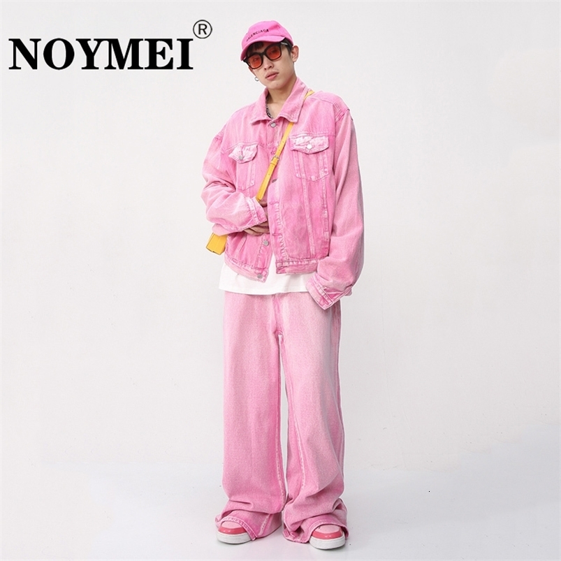 NOYMEI Pink Two Pieces Set Fashionable Long Sleeve Pocket CoatStraight Wide Leg Casual Pants Men Denim Trendy Suit WA1595 y240830