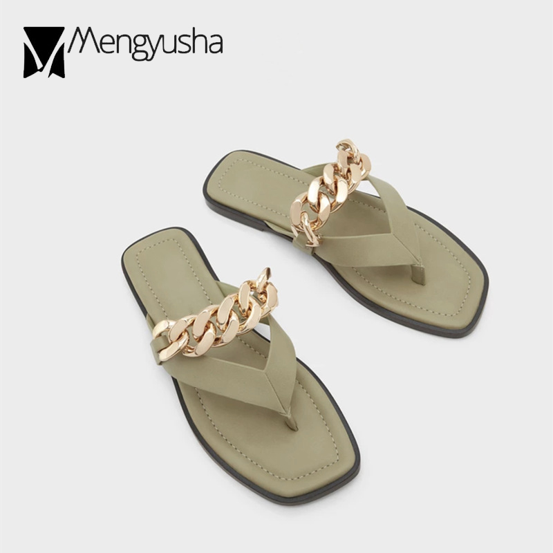Brand 2023 Ladies Flip ps Metal Chains New Slippers Flats Heels Slip On Pantufa Slides Woman Outdoor Beach Sandals Summer Shoes