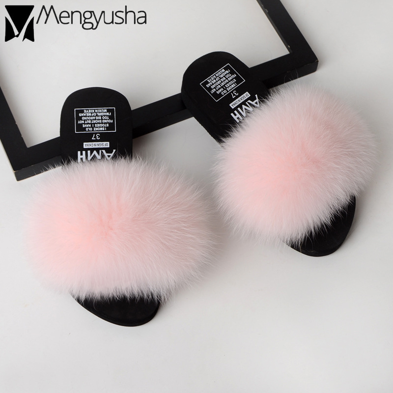 Real Fox hair rainbow slip on slippers women summer quality furry fur wedges shoes woman slides low platform flat sandals beach