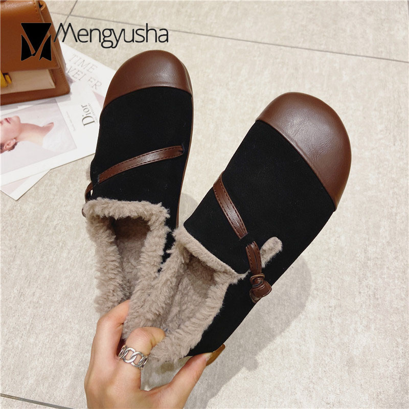 Plush Nubuck moccasins 18080 cowhide woman cord-knot real leather flats winter cotton shoes women slip on wool fur loafers plus size