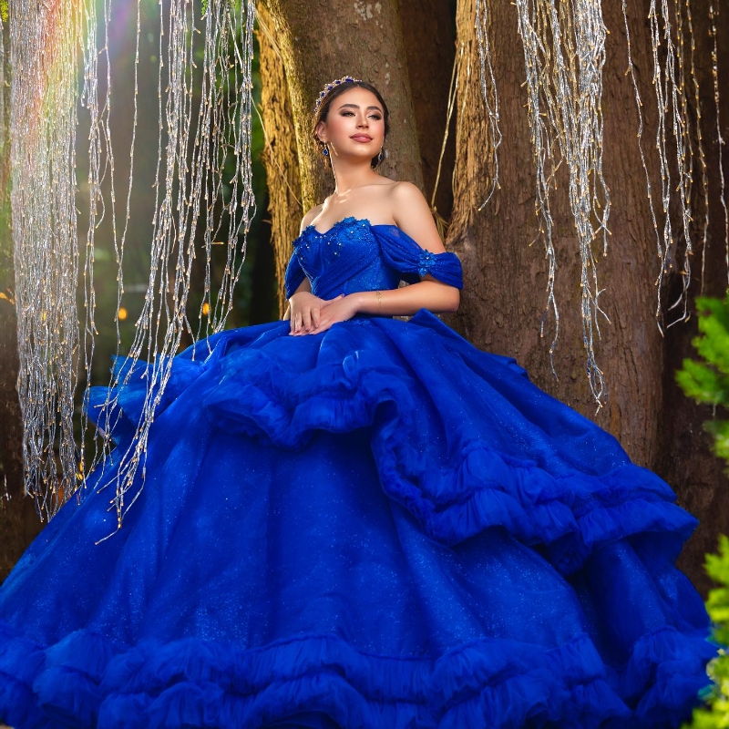Royal Blue Shiny Quinceanera Dresses Off The Shoulder Lace Beads Tull Tiered Mexican Vestidos De 15 Princess Sweet 16 Birthday XV Ball Gown