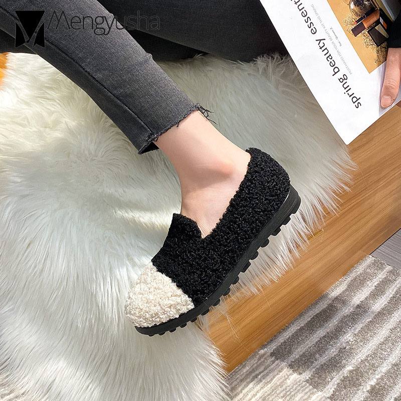 black/white color fcd0a lambfur mixed flats woman round toe rubber winter shoes ladies cotton moccasins warm fur loafers size 43