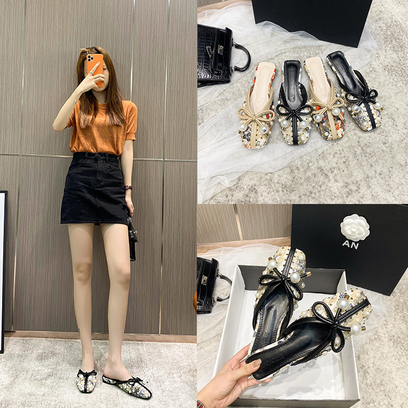 Pearl Bow-knot slippers women cover flat slides summer beach shoes female sandalias square toe studs print mules mu a8fe