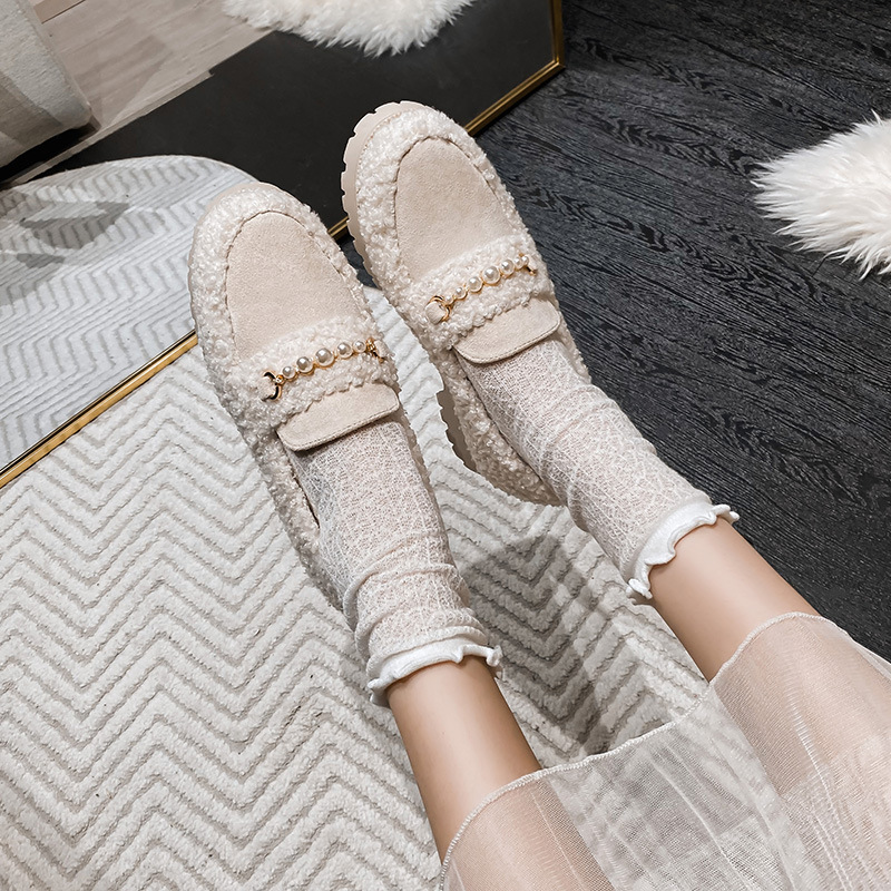 pearl brand 8560e designer strings fur flats women round toe villus creepers beading lambwool platform cotton moccasins shoes woman