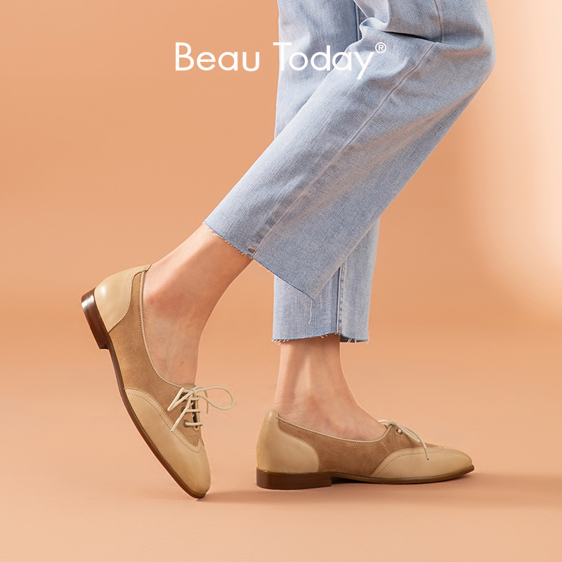 Calfskin & Suede Leather Square Toe Lace Up Flats Casual Shoes for Women 4